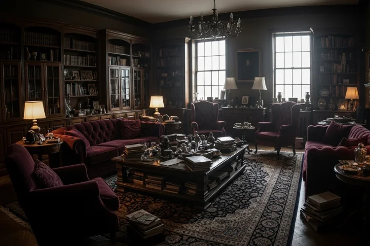 A living room where tall bookcases and cabinets block large windows, reducing natural light.