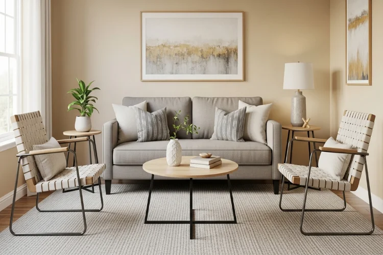 A small living room with apartment-scale sofa, slim chairs, balanced proportions, cozy and uncluttered look.