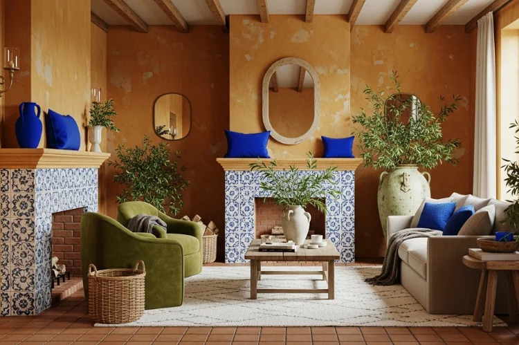Spanish interior color palette visualization featuring terracotta, cream, ochre, cobalt blue, olive green, natural textures.