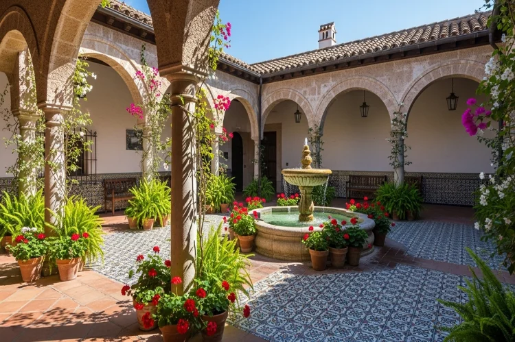 Spanish courtyard with tiled floor, central fountain, arched walkways, terracotta pots, lush greenery.