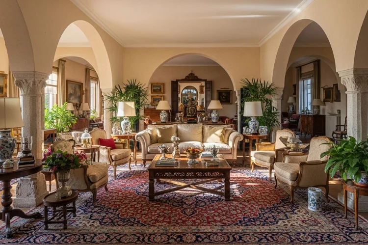 A living room with many doorways anchored by a central rug and seating group.