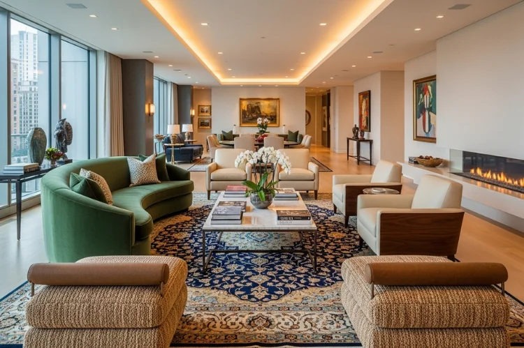 A very long living room featuring a floating furniture island anchored by a large area rug, seating on all sides.
