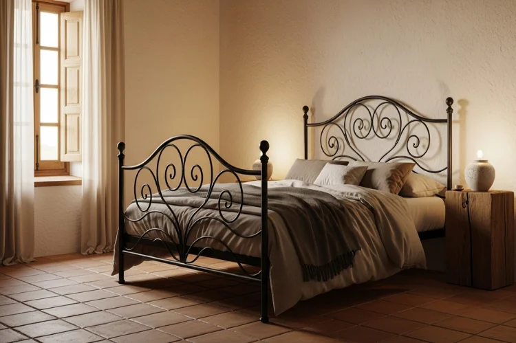Spanish bedroom with wrought iron bed, plaster walls, terracotta floors, soft earthy bedding, calm warm lighting.