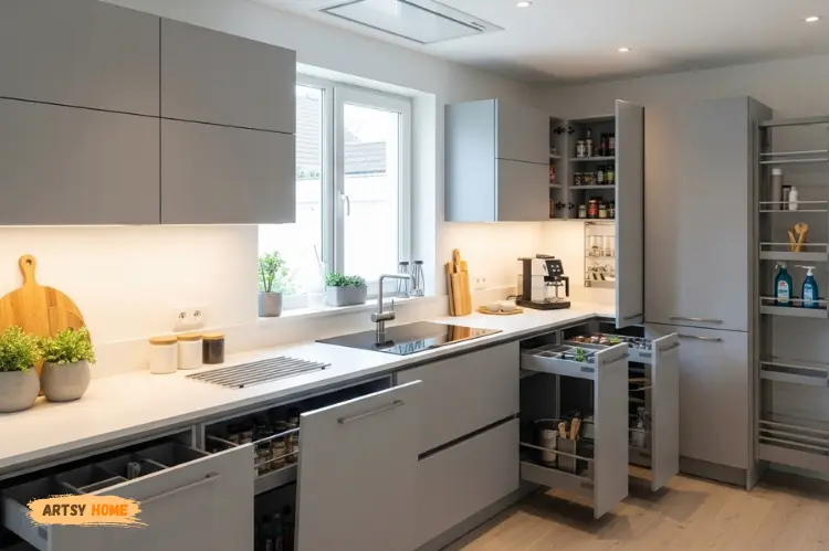 A modern kitchen renovation showing functional design, under-cabinet LED lighting, smart storage cabinets.
