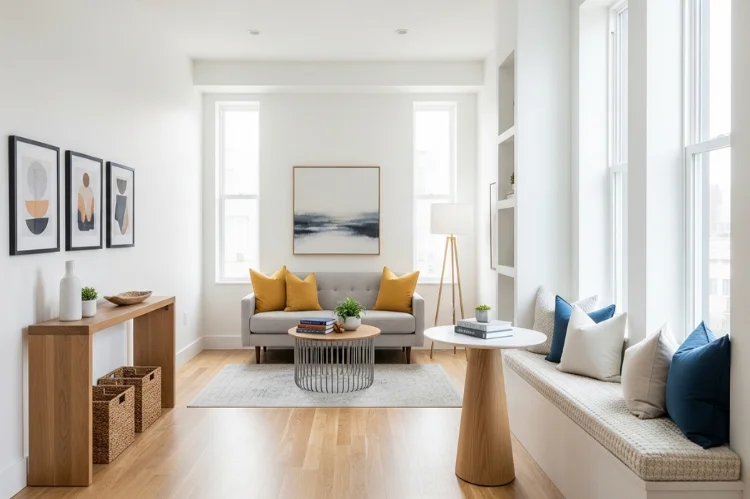 A pass-through living room with compact furniture arranged along walls, one cozy seating nook.
