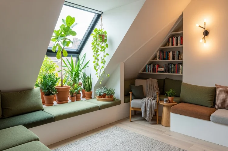 An irregular shaped living room with angled walls embraced through custom seating, reading nook.