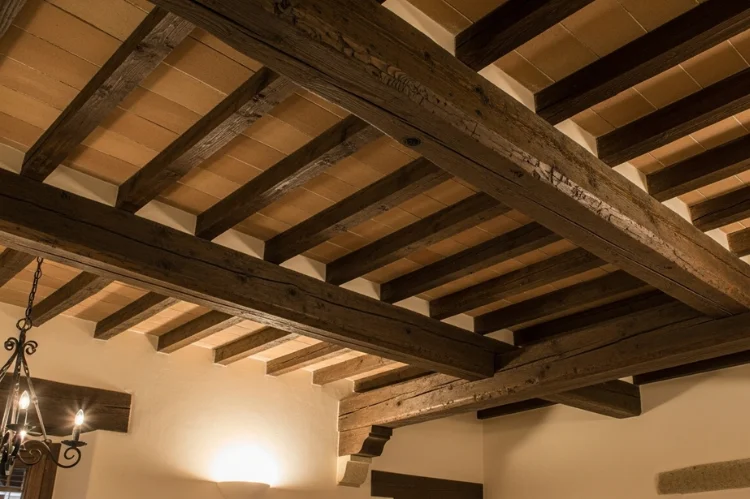 Spanish living room ceiling with dark wooden vigas and latillas, rustic craftsmanship, soft indirect lighting.
