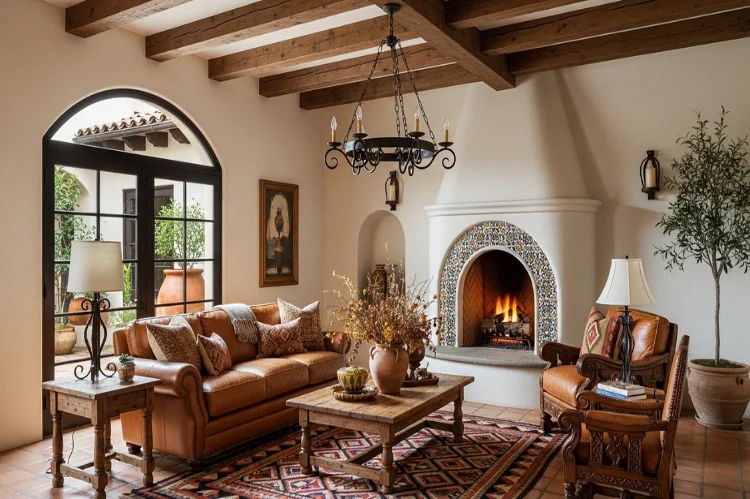 Spanish style living room featuring exposed wooden beams.