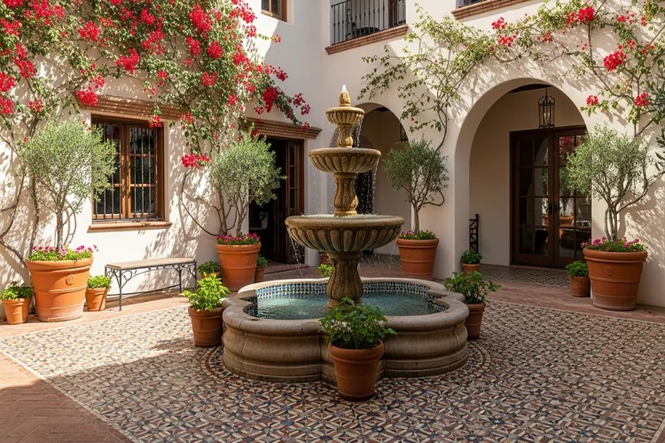 Spanish courtyard garden with fountain, terracotta pots, and Mediterranean plants. Spanish style.