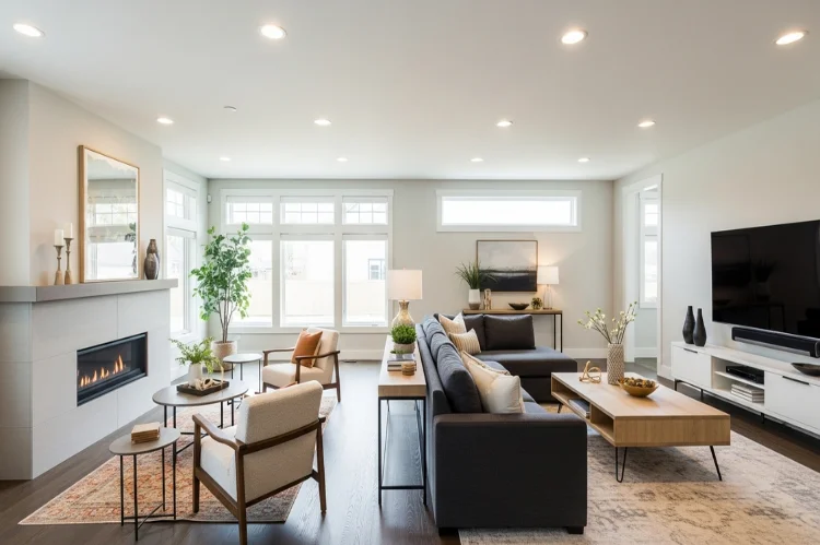 A long living room divided into two zones: fireplace seating area and separate TV viewing area.