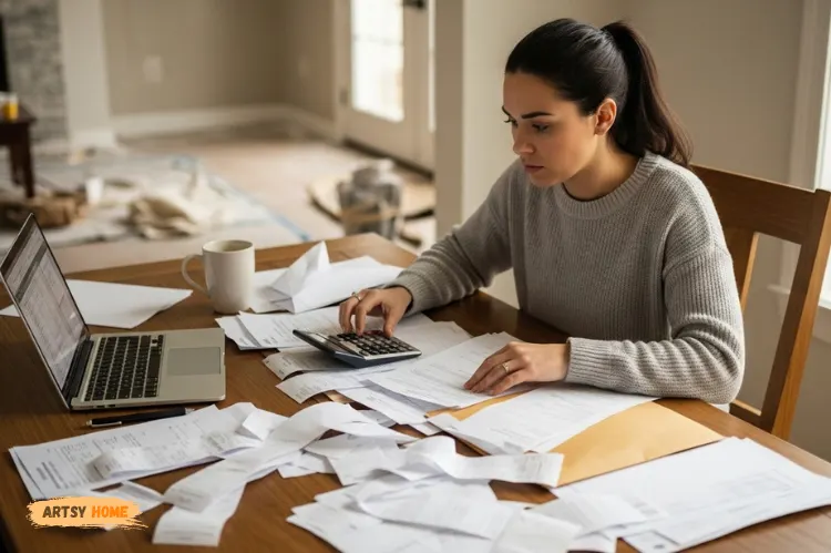 A homeowner reviewing renovation bills and receipts at a table.
