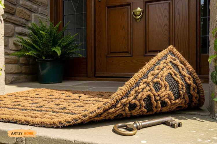 A house entrance with a doormat slightly lifted revealing a hidden key underneath. 