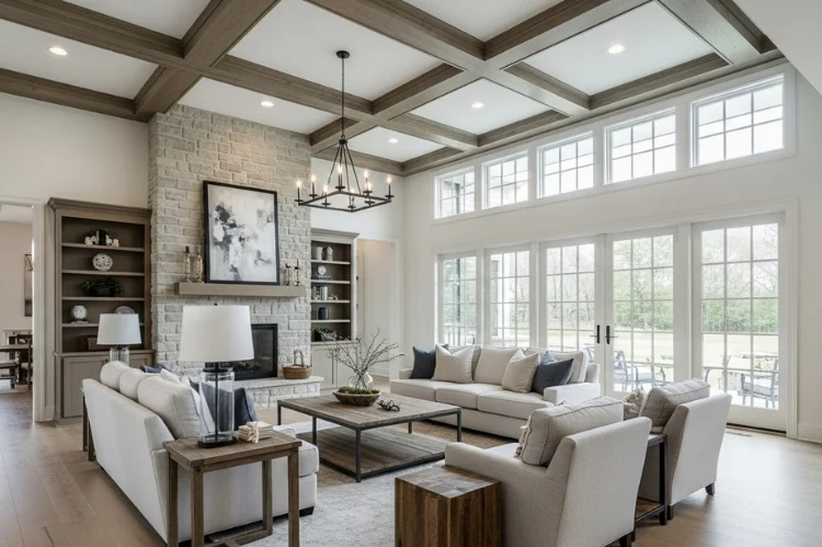 Modern farmhouse great room with faux wooden ceiling beams, open layout, neutral furnishings, abundant natural light.