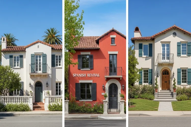 Side-by-side architectural comparison of Spanish Colonial, Spanish Revival, and Mediterranean homes.