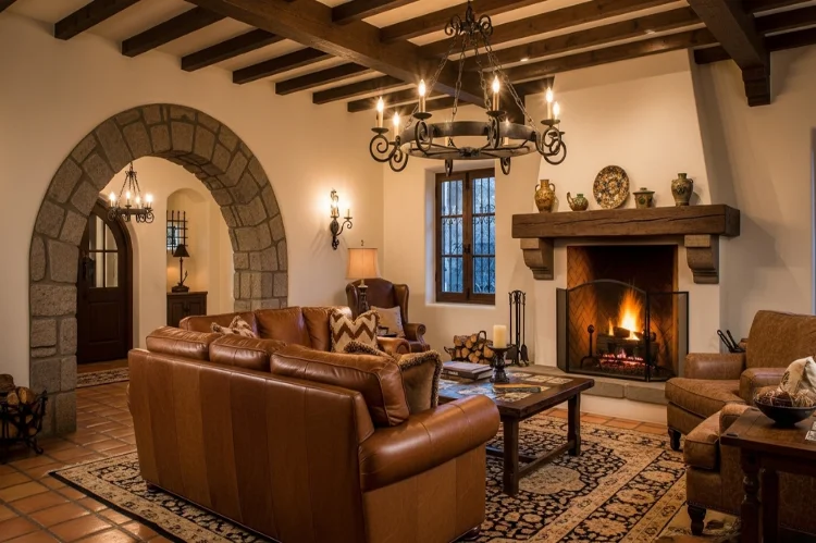 Spanish style living room with leather sofa, arched fireplace, exposed beams, wrought iron chandelier, warm ambient lighting.