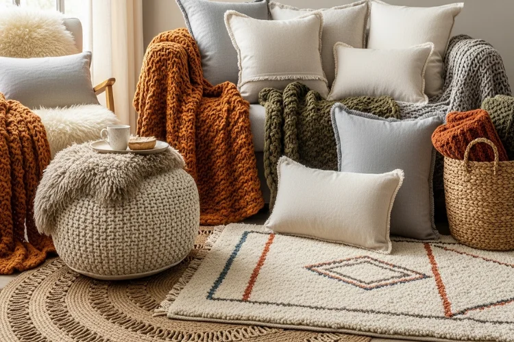 Interior scene highlighting layered textiles: linen pillows, chunky knit throws, jute rugs, wool accents.