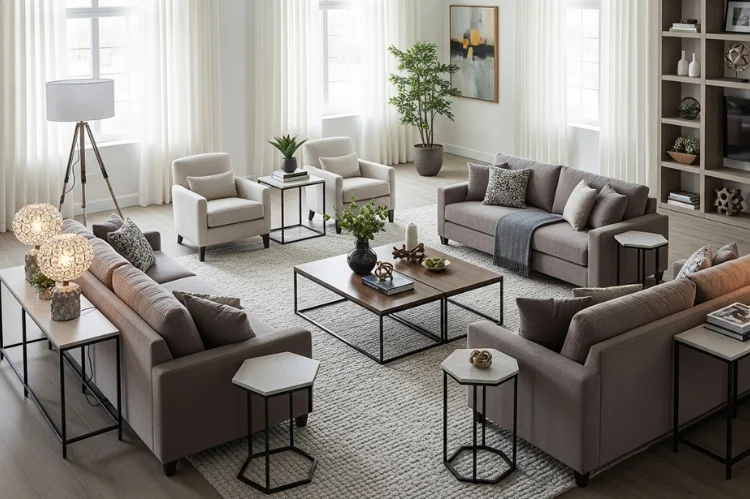 A well-designed living room where every seat has easy access to a side table or coffee table.