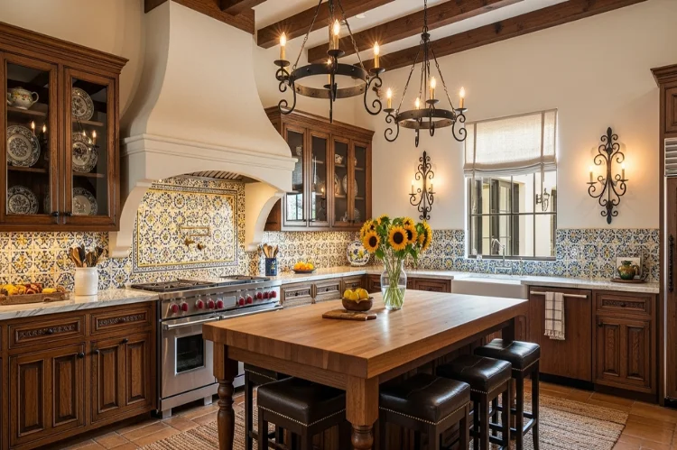 Spanish kitchen with Talavera tile backsplash, arched range hood, wooden cabinets, wrought iron lights, traditional-meets-modern.