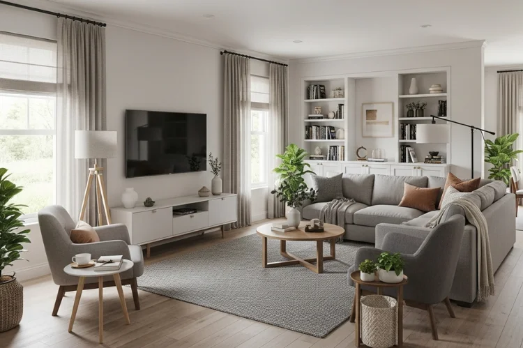 A practical living room setup showing ideal spacing, furniture orientation, and clear zones. Clean,