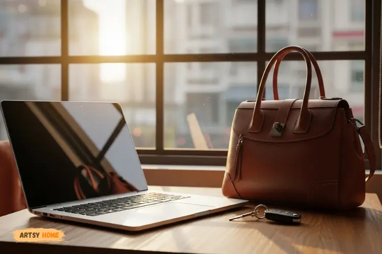 Interior view through a window showing a laptop, handbag, and car keys placed on a table near the window.