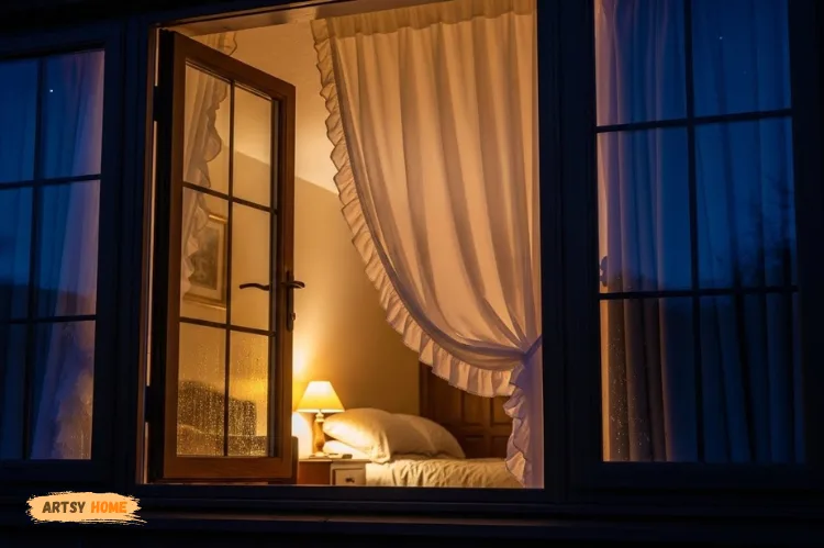 A house window slightly open with soft curtains moving, warm bedroom light inside.