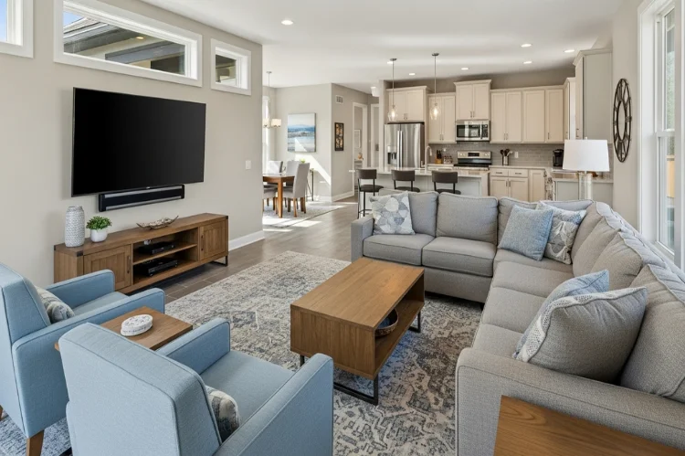 Living room furniture angled away from kitchen, focused toward a focal point.