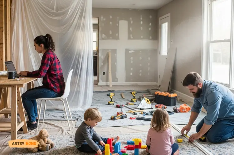 A family living in a partially renovated home, plastic sheets, tools in background, parent working on a laptop.