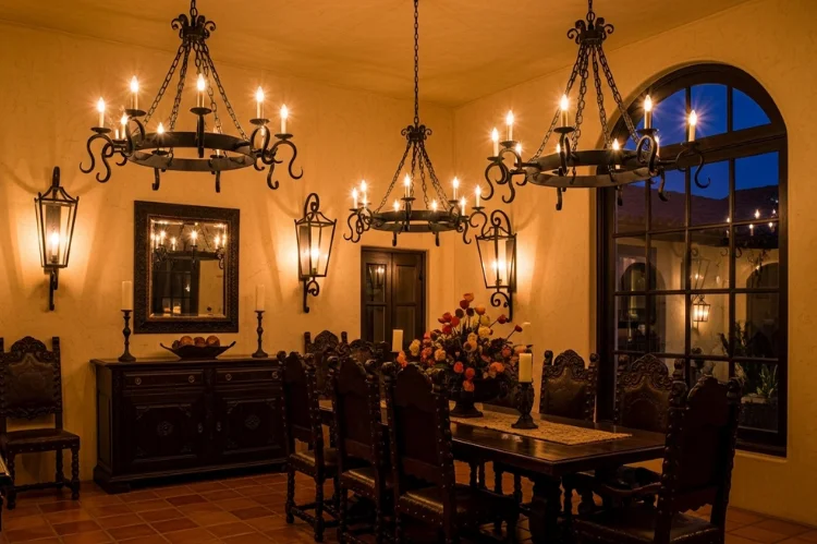 Spanish interior lighting featuring wrought iron chandeliers, wall sconces, lantern-style lights, warm glow atmosphere.