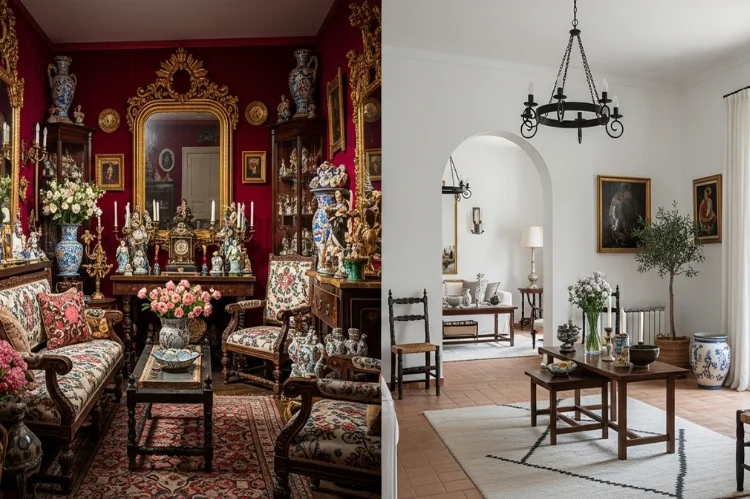 Overdecorated Spanish interior contrasted with balanced authentic design, educational visual comparison.