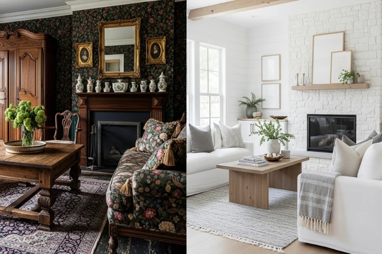 Split-scene interior image comparing traditional farmhouse versus modern farmhouse.