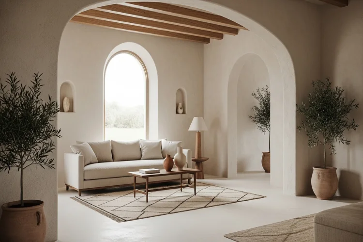 Modern Spanish interior with minimalist furniture, lime plaster walls, subtle arches, neutral earth tones.