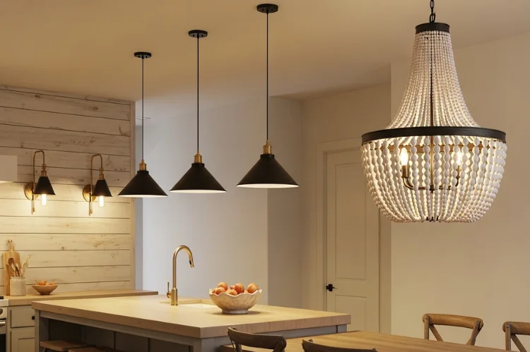 Interior showcasing modern farmhouse lighting: matte black pendants over island, brass wall sconces, ceramic or woven chandelier.