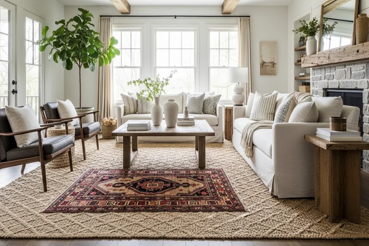A modern farmhouse living room highlighting layered rugs: large neutral jute rug with subtle pattern and a smaller vintage Turkish rug on top.