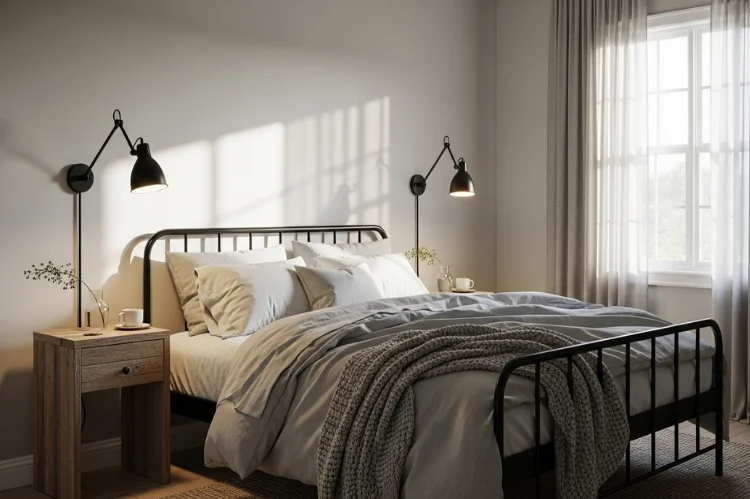 A serene modern farmhouse bedroom with iron bed frame, layered neutral linen bedding, reclaimed wood nightstands.