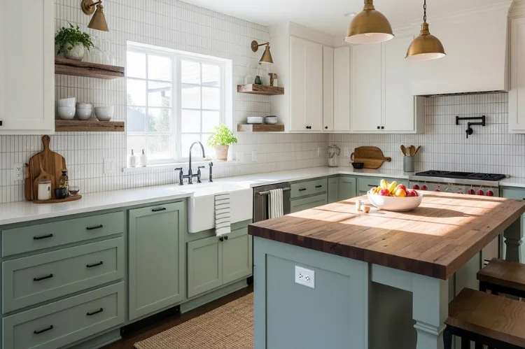 A modern farmhouse kitchen with two-tone shaker cabinets (sage green lower cabinets, warm white uppers), quartz countertops.