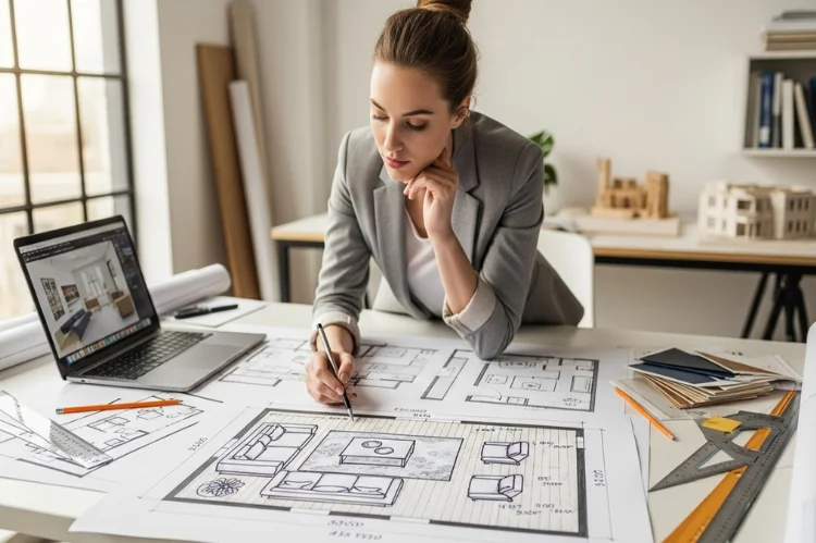 Designer planning a living room layout with measurements, floor plan sketches, furniture placement diagrams.