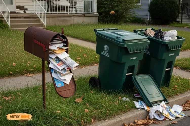 A front yard with overgrown grass, uncollected mail overflowing from a mailbox, and bins left out.