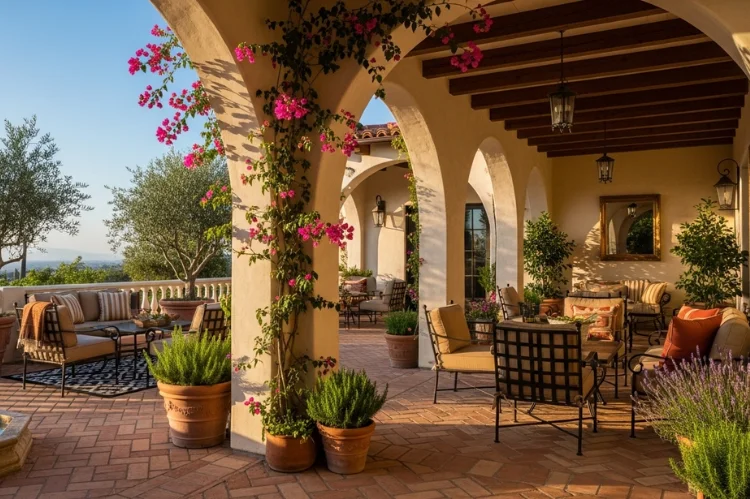 Spanish home outdoor patio with arches, terracotta tiles, wooden beams, cozy seating, Mediterranean plants.