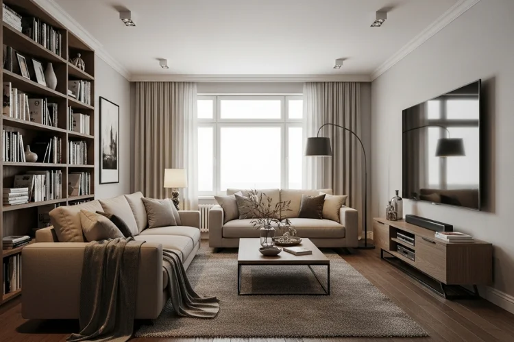 A long rectangular living room with TV mounted on the short wall, seating facing it comfortably.