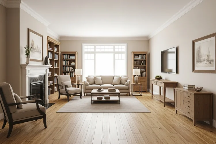 A long living room with all furniture pressed tightly against the walls, leaving an empty unused center.