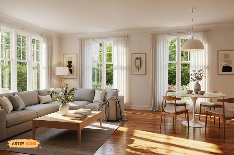 A beautifully finished home interior with sunlight streaming through windows, peaceful and organized space.