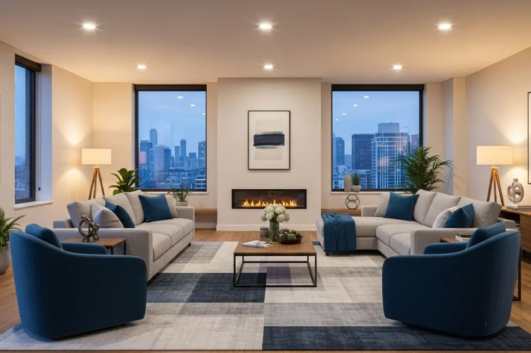 A rectangular living room with sofa placed perpendicular to the longest wall, chairs facing inward.