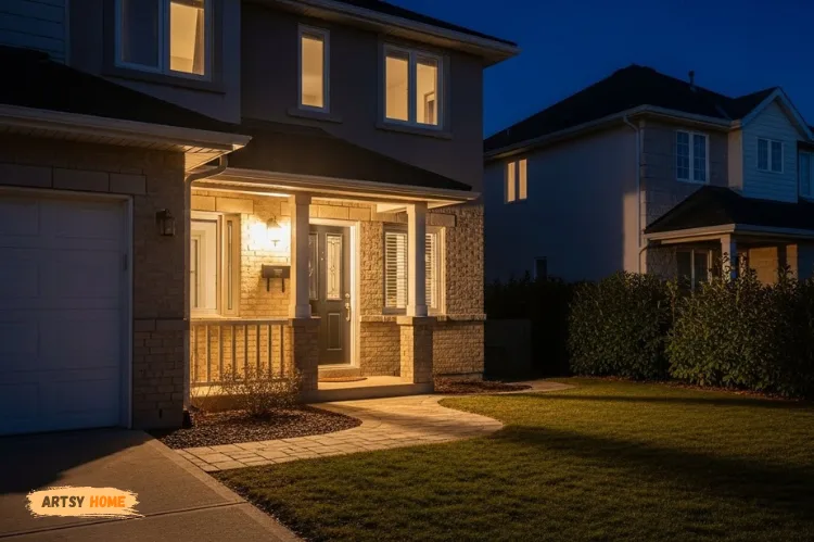 A house exterior at night with dark corners and unlit pathways, contrasted with a neighboring home.