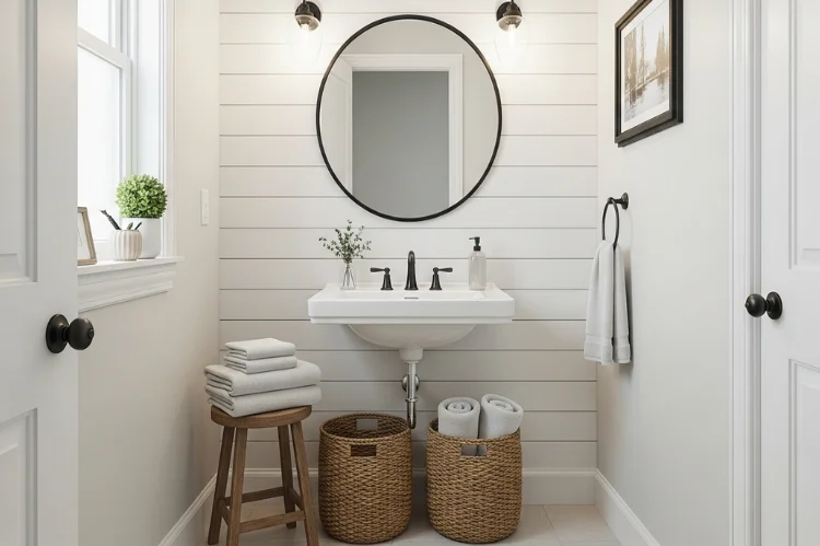 Small farmhouse-style bathroom featuring peel-and-stick shiplap accent wall, round black-framed mirror.