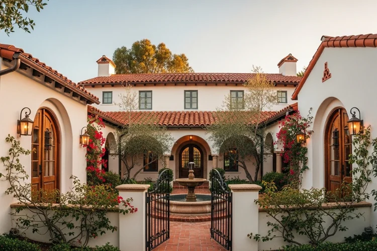 A sunlit Spanish style home in Santa Barbara, featuring white stucco walls, red terracotta roof tiles, arched wooden doors with wrought iron details.