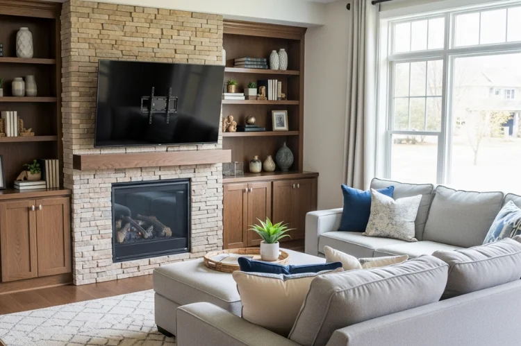 A living room with TV mounted above fireplace using a tilting mount, built-in shelving framing both.