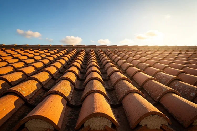 Close-up view of traditional Spanish terracotta barrel roof tiles under blue sky, textured clay surface.