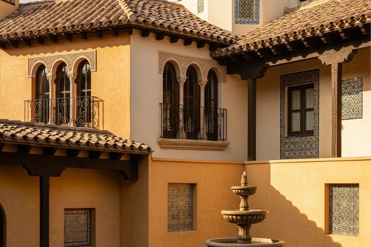 A detailed composition showing iconic Spanish house features: terracotta roof tiles.