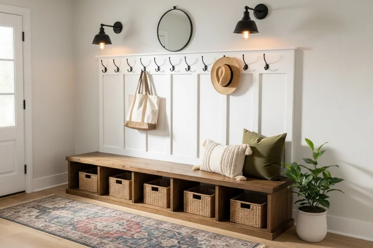 Modern farmhouse entryway with wooden bench and storage, wall hooks, vintage runner rug, board and batten wall treatment, warm lighting.