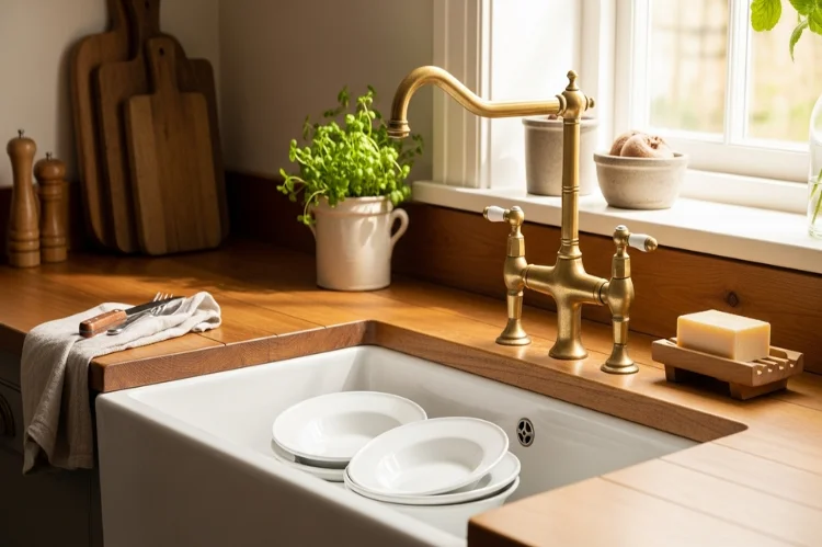 Close-up farmhouse kitchen featuring a large white apron front sink unlacquered brass gooseneck faucet with natural patina